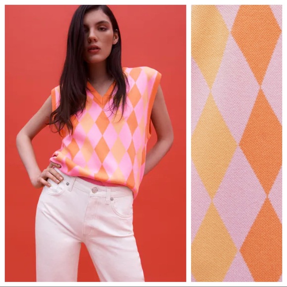 Nwt Zara Pinkorange Knit Argyle Vest 